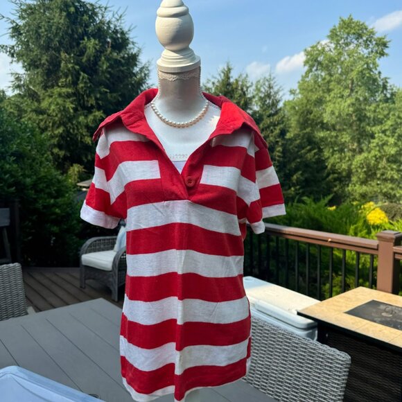 Authentic vintage red and white striped polo shirt with a deep V placket and wid - Picture 1 of 5